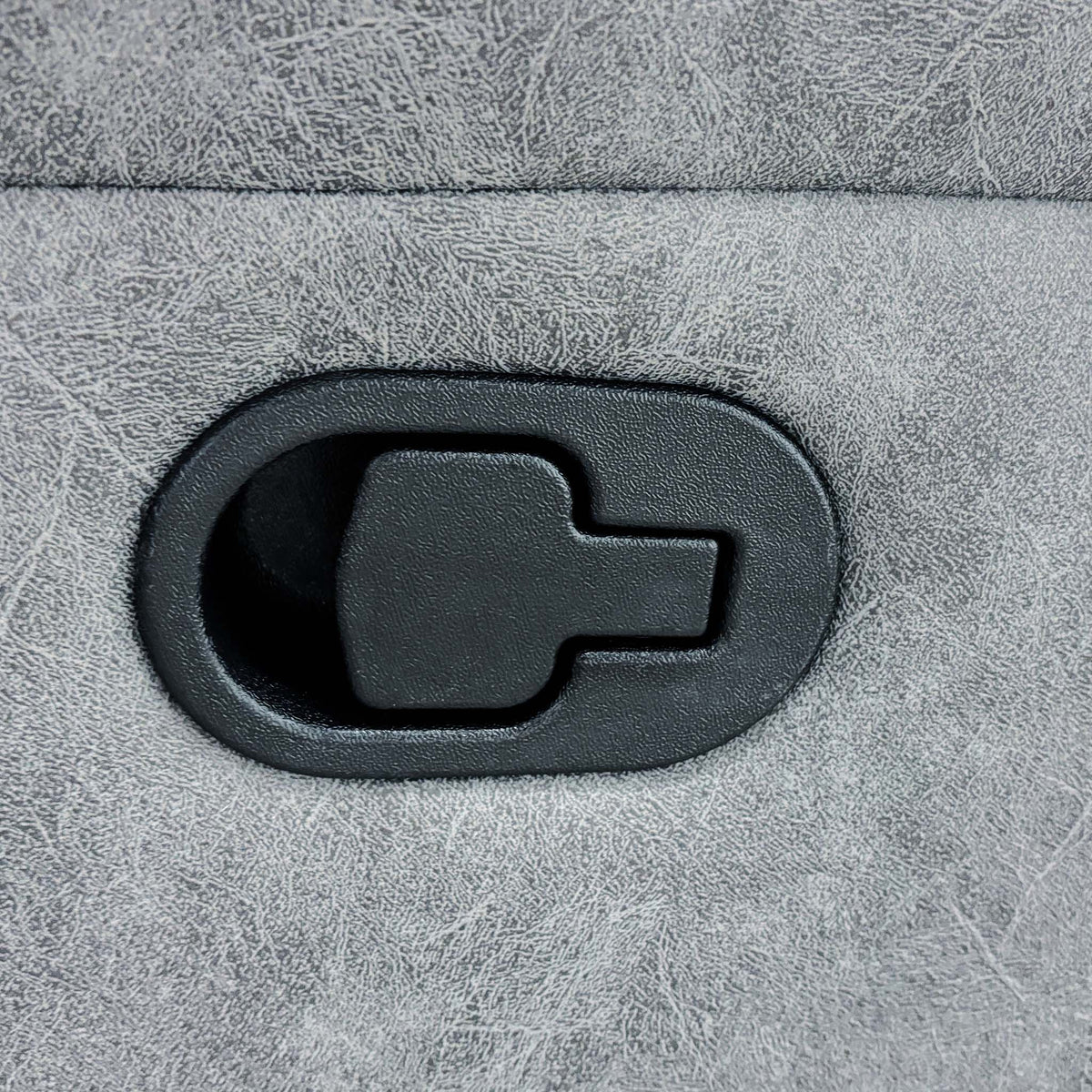 Close-up of the black manual recliner pull handle set into the side of the Azzurri grey fabric sofa