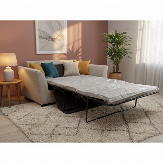 ‘Poppy' Beige Linen Fabric Large 2 Seater Sofa Bed