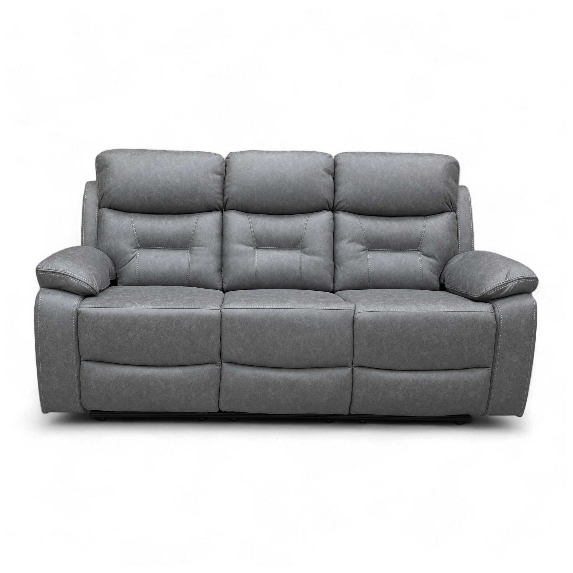 Full front view of the ‘Beaumont’ Grey Recliner Sofa in its standard, upright position, showcasing the high back design and thick padding.