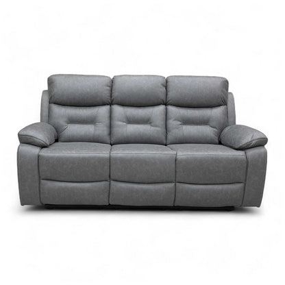 Full front view of the ‘Beaumont’ Grey Recliner Sofa in its standard, upright position, showcasing the high back design and thick padding.