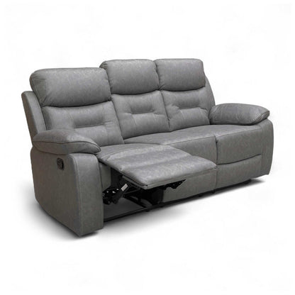Full front view of the ‘Beaumont’ 3-seater sofa in Grey Endurance Fabric, with the manual recliner on the right side fully extended for a relaxed position.