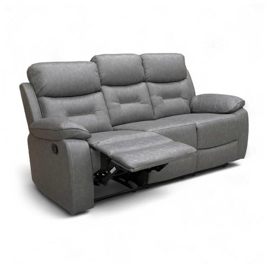 Full front view of the ‘Beaumont’ 3-seater sofa in Grey Endurance Fabric, with the manual recliner on the right side fully extended for a relaxed position.