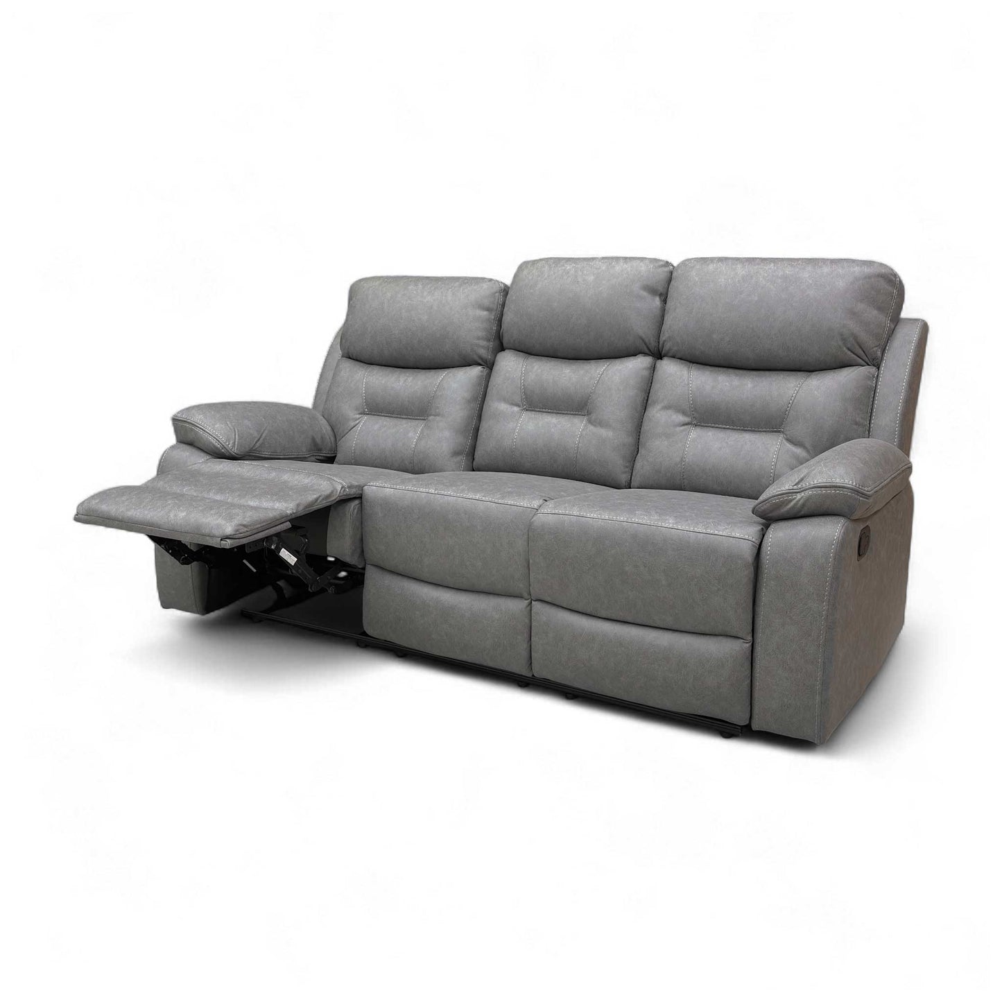 Full front view of the ‘Beaumont’ 3-seater sofa with the manual recliner on the left side fully extended.