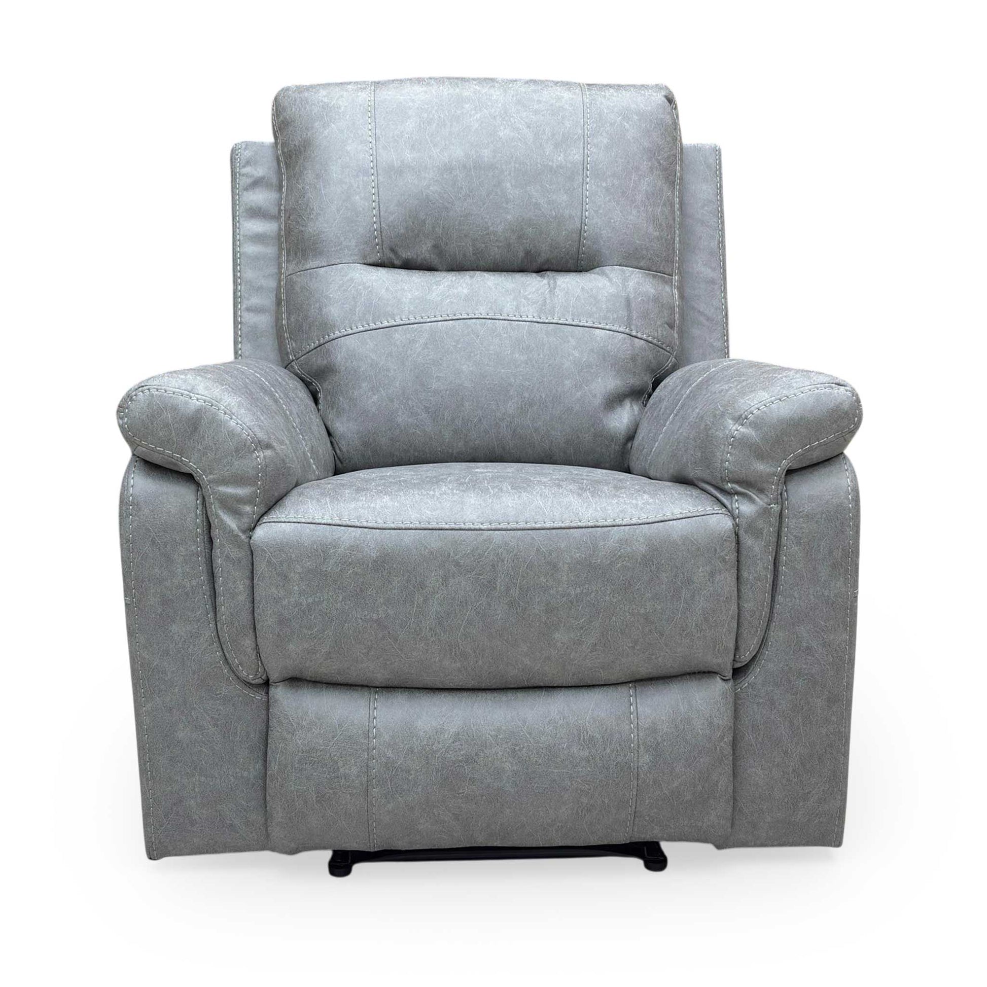 Front-facing view of the 'Azzurri' manual recliner armchair in grey endurance fabric, showing its modern and plush design.
