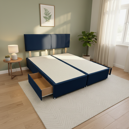 'Bella' Navy Velvet Divan Base + Headboard with 2 Drawers - Super King