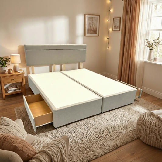 'Capella' Mink Velvet Divan Base + Headboard with 2 Drawers - Super King