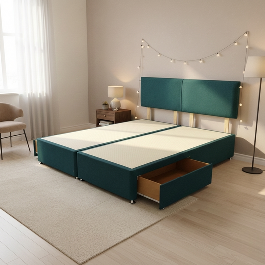 ‘Bella’ Teal Velvet Divan Base + Headboard with 2 Drawers - Super King