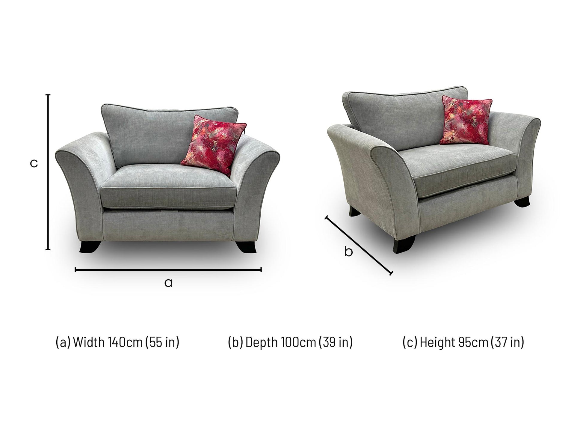 Technical dimension diagram for the ‘Sasha’ Light Grey Velour Fabric Snuggler: Width 122cm, Depth 98cm, Height 90cm.