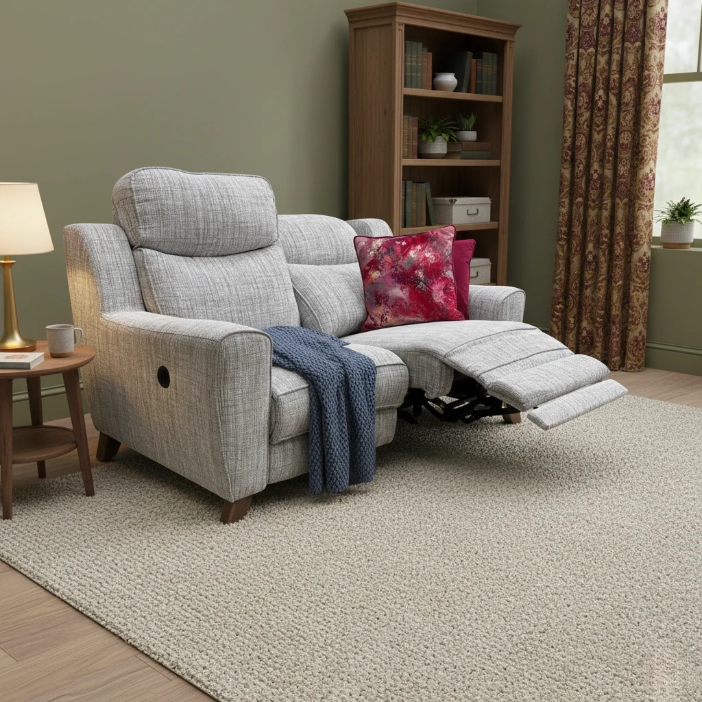 ‘Title’ Xeon Stone Fabric Power Recliner 2 Seater Sofa