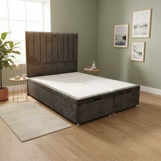 ‘Pluto’ Milan Thunder Floor Standing Headboard + Double Ottoman End Lift Base - Double