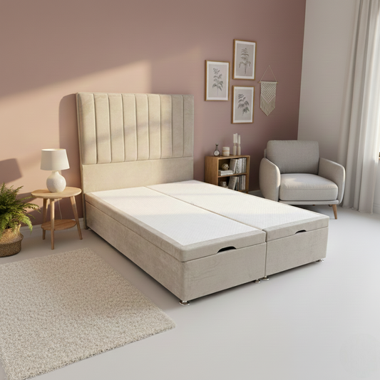 ‘Pluto’ Milan Stone Floor Standing Headboard + Double Ottoman End Lift Base - Double
