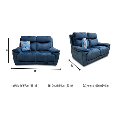 Dimensions for the Furniture Village ‘Sloane’ Heritage Airforce Blue Velvet 2 Seater Power Recliner Sofa.
