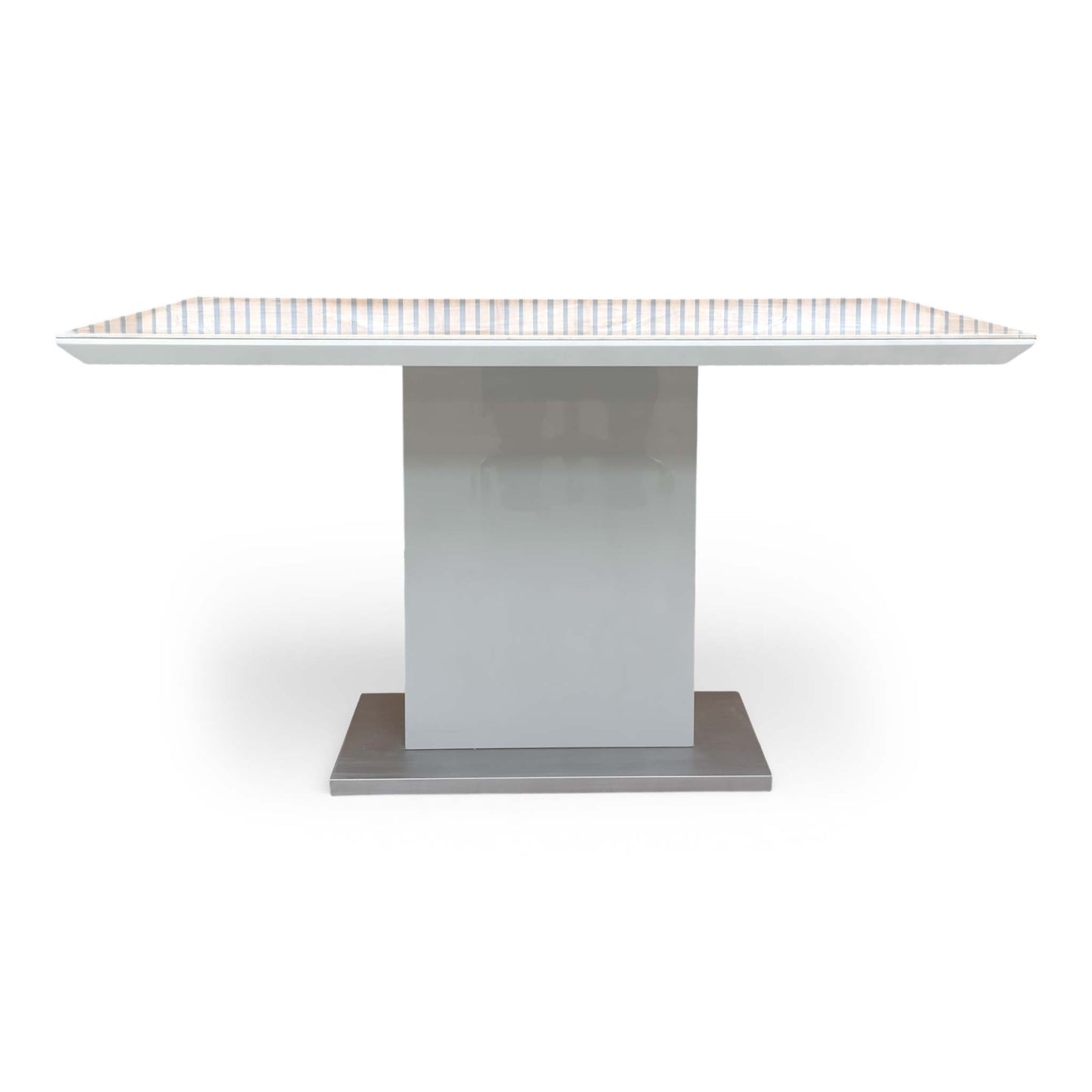 Full Front of the 'Grigio' 135cm fixed dining table, showcasing the glossy marble-effect top and modern pedestal base.
