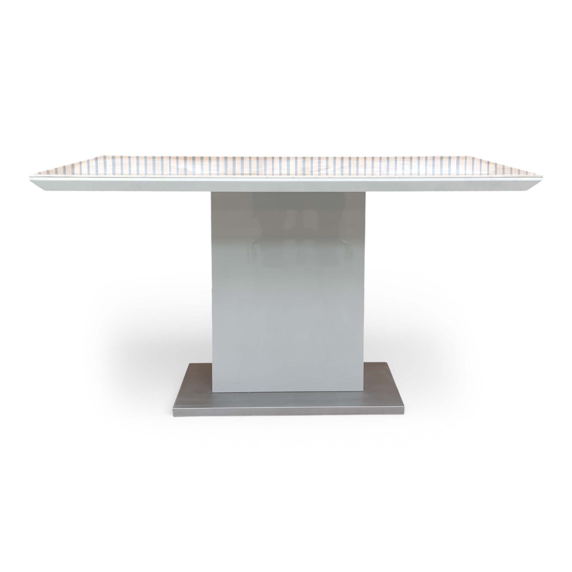 Full Front of the 'Grigio' 135cm fixed dining table, showcasing the glossy marble-effect top and modern pedestal base.