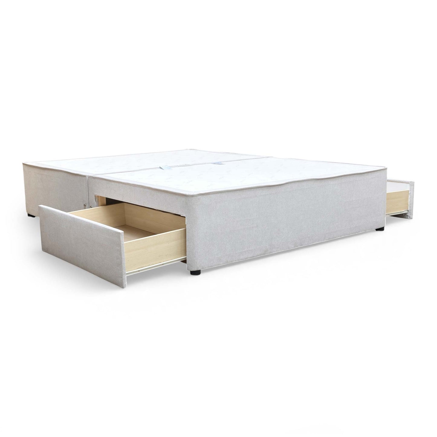 Full view of the 'Sleepeezee Queens' King-size divan base in neutral denim fabric, showing the two-piece base design.