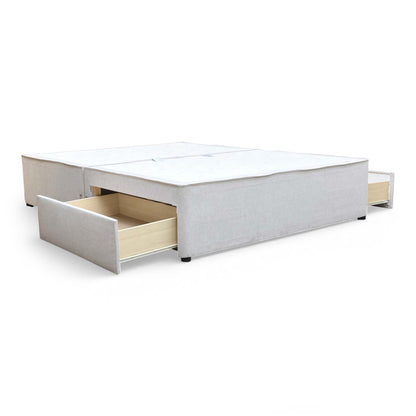 Full view of the 'Sleepeezee Queens' King-size divan base in neutral denim fabric, showing the two-piece base design.