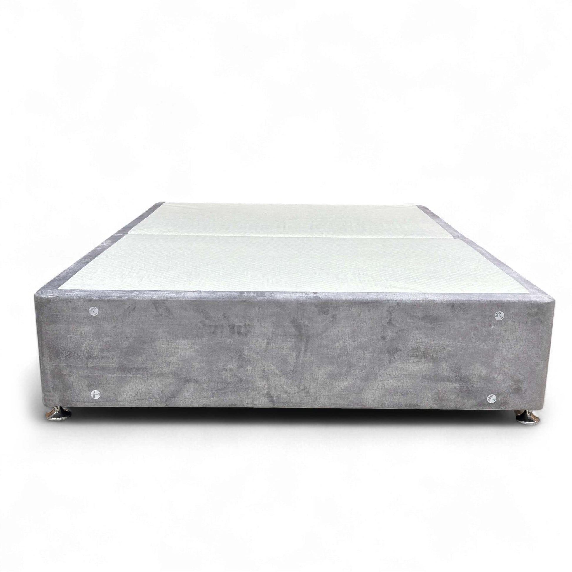 Straight-on view of the Double 'Sleep Story' bed base in Dolphin Velvet, showcasing the rectangular shape and solid color pattern.