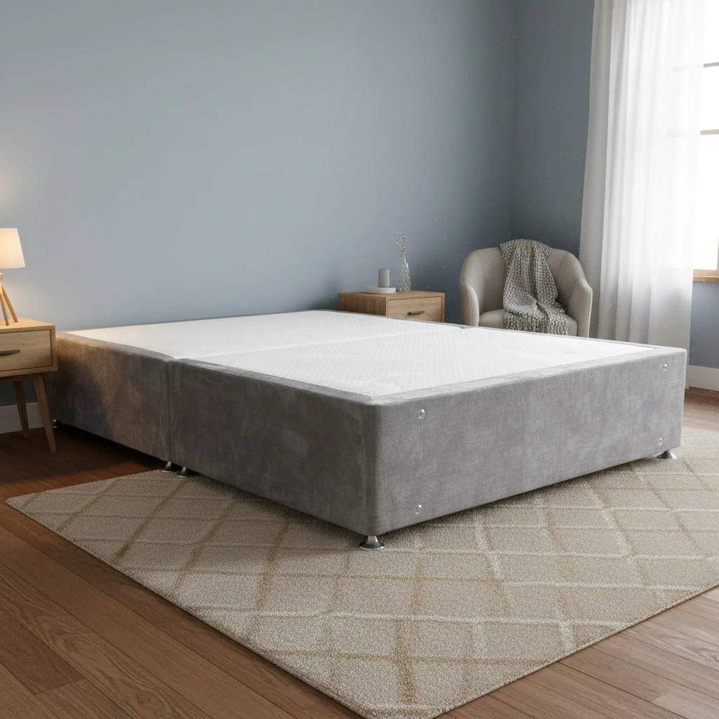 Living Room image of the Lace Dolphin Velvet Double bed base, featuring a contemporary low-profile design on wooden feet.