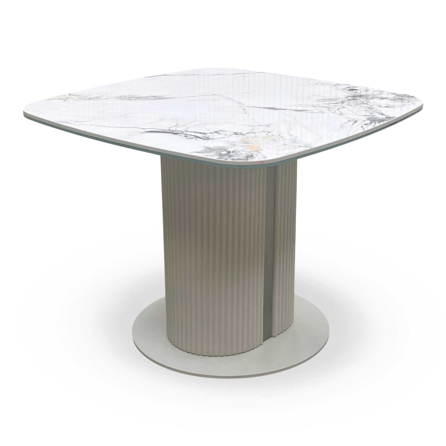 Full view of the ‘Avorio’ lamp table by Furniture Village, featuring a hand-applied glossy marble-effect ceramic top and a stylish fluted pedestal base.