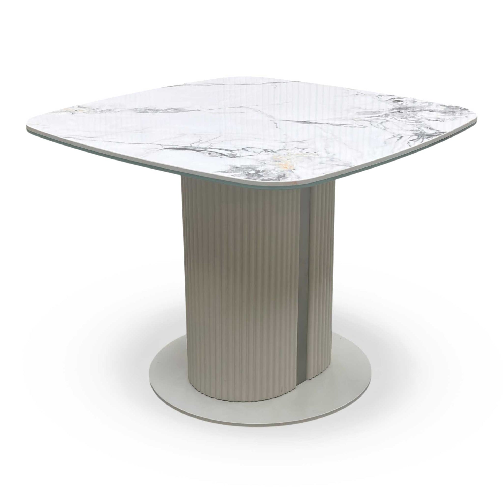 Full view of the ‘Avorio’ lamp table by Furniture Village, featuring a hand-applied glossy marble-effect ceramic top and a stylish fluted pedestal base.