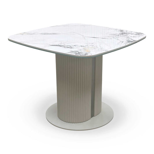 Full view of the ‘Avorio’ lamp table by Furniture Village, featuring a hand-applied glossy marble-effect ceramic top and a stylish fluted pedestal base.