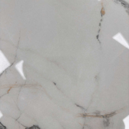 Close-up of the glossy marble-effect ceramic top, emphasizing the realistic veining and the smooth, reflective surface.