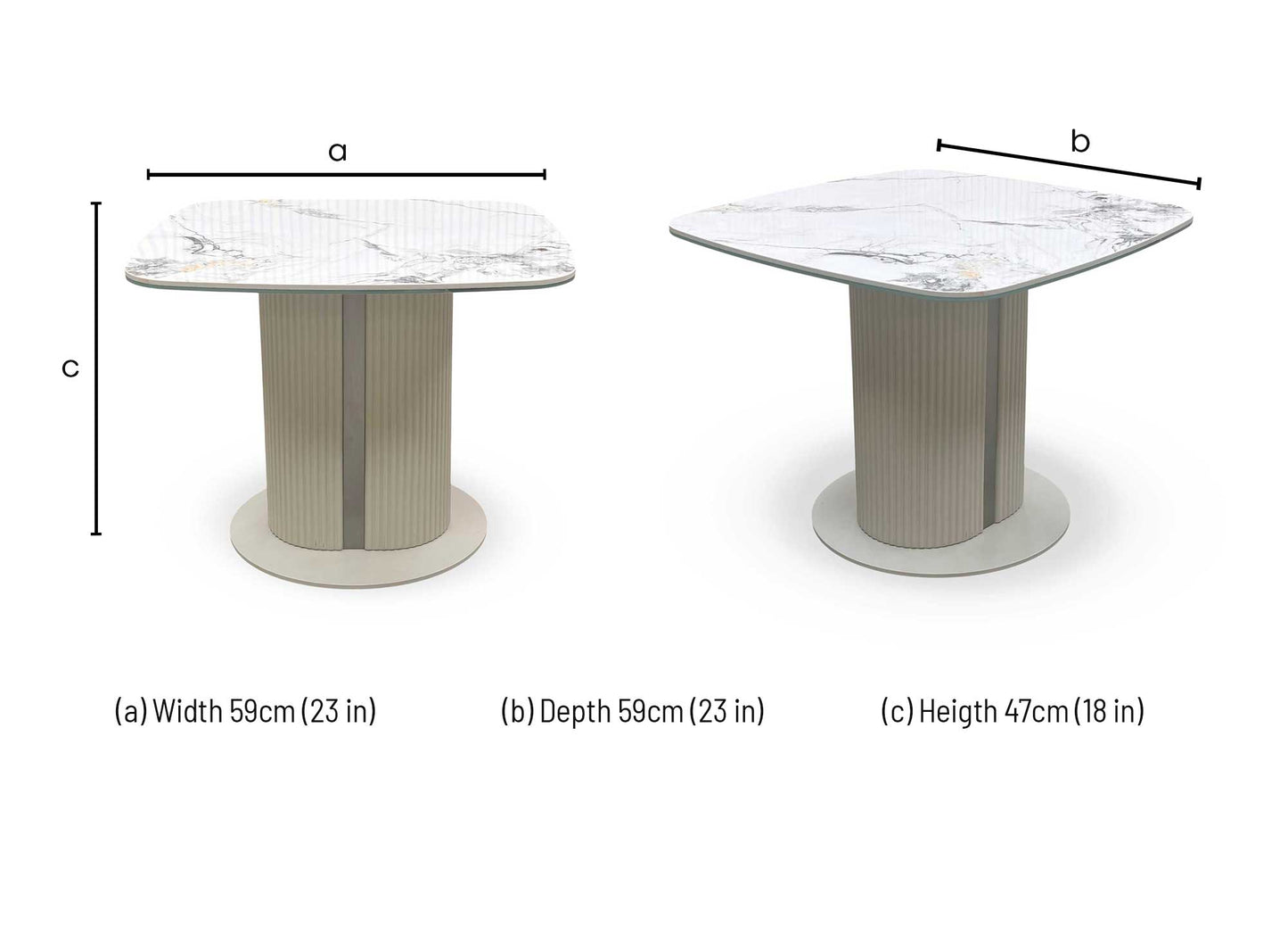 Technical dimension diagram for the ‘Avorio’ Marble-Effect Ceramic Lamp Table: Width 60cm, Depth 60cm, Height 47cm.