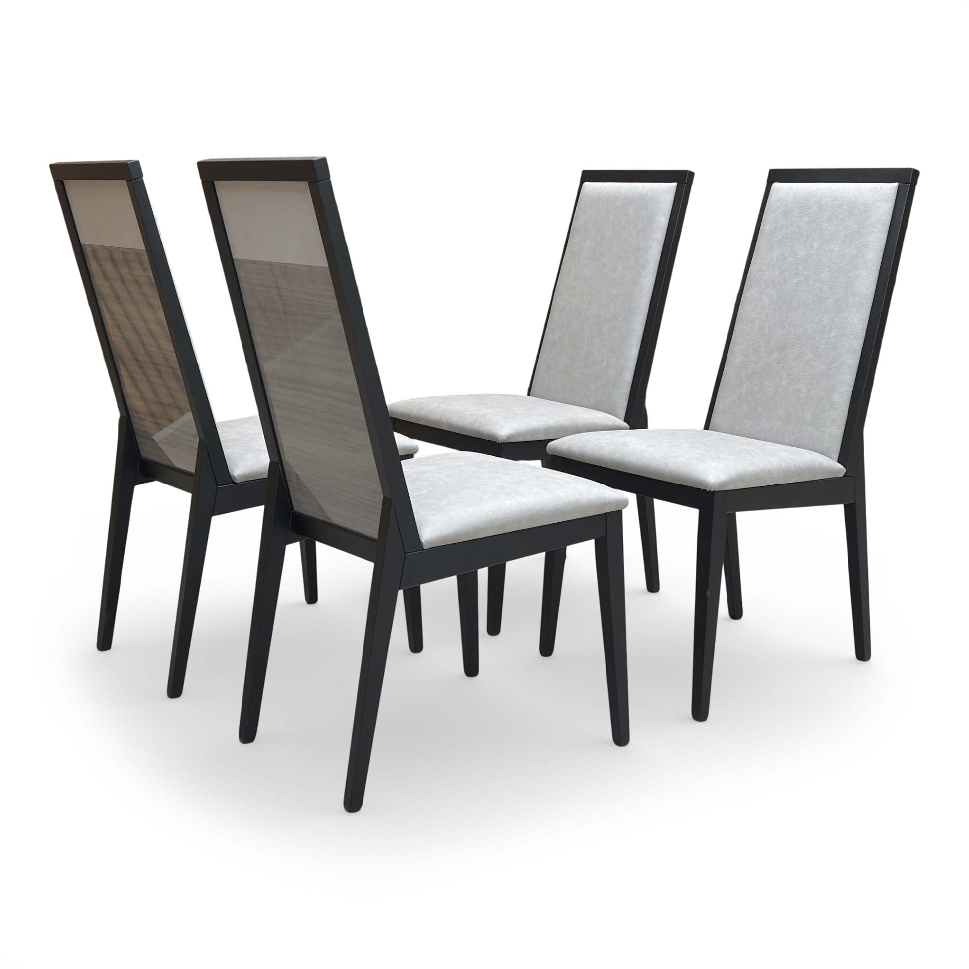 Rear view of the chair, showcasing the continuous high-gloss wood grain effect on the tall backrest.