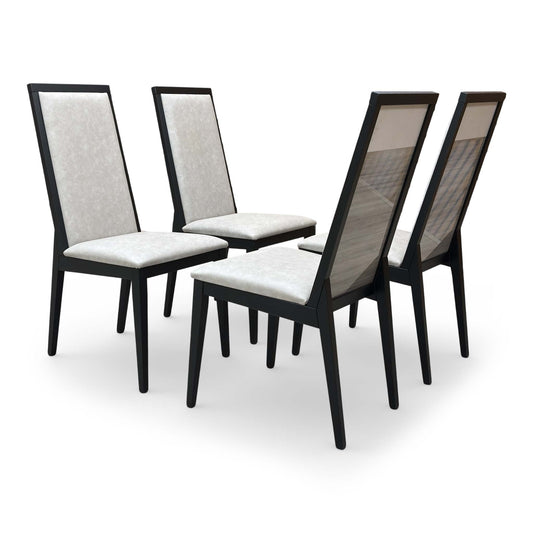 Set of four ALF ‘Movado’ high-back dining chairs in high-gloss grey wood with matching upholstery.