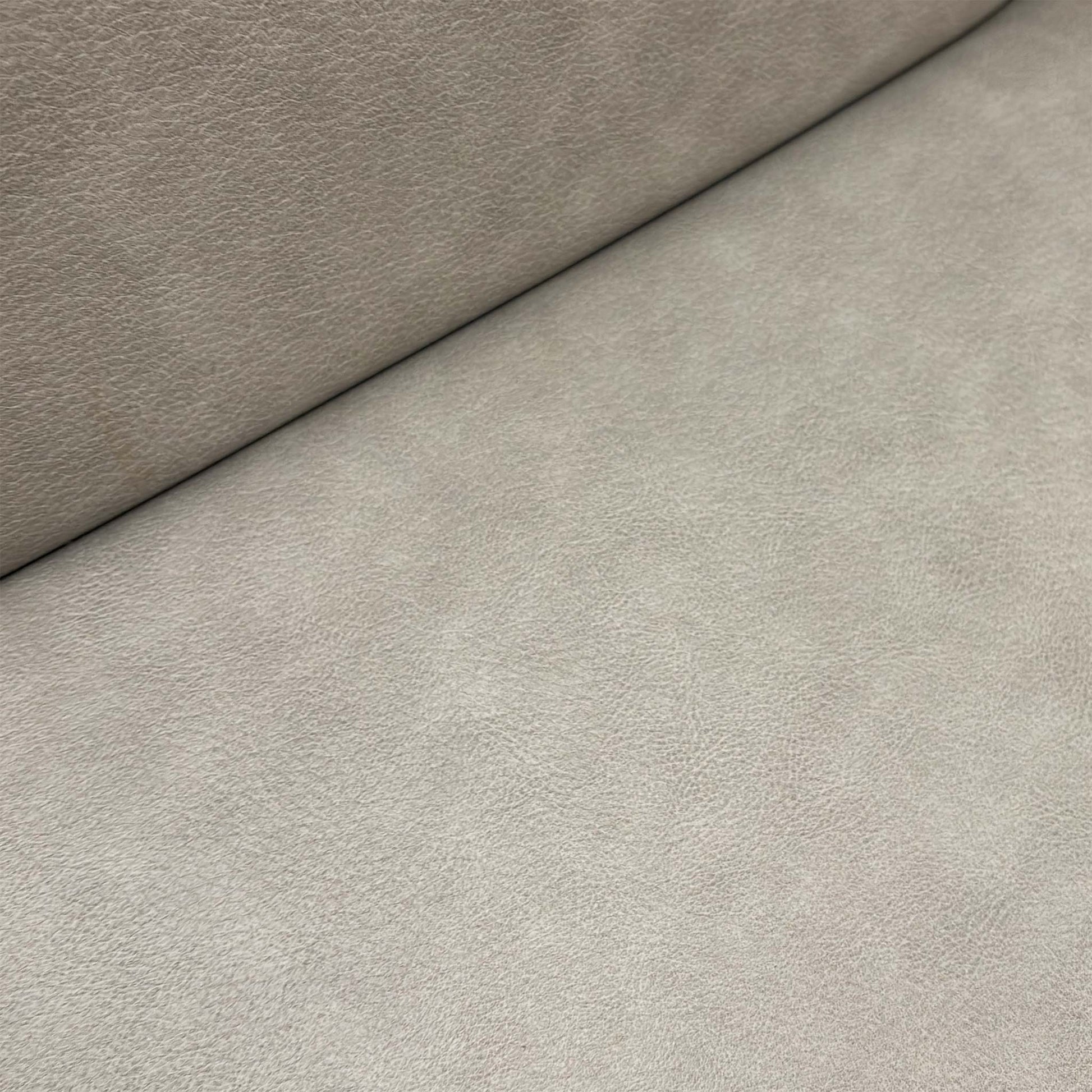 Close-up of the grey upholstery and the glossy wooden frame, emphasizing the premium Italian craftsmanship.