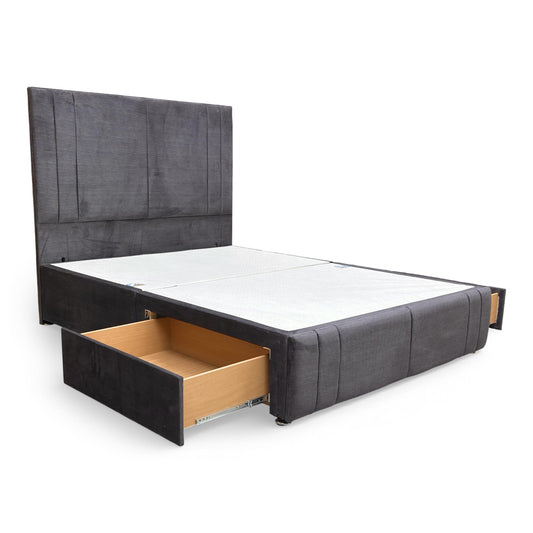 Full front-on view of the Trio Charcoal Fabric King Divan Bed with the floor-standing headboard.
