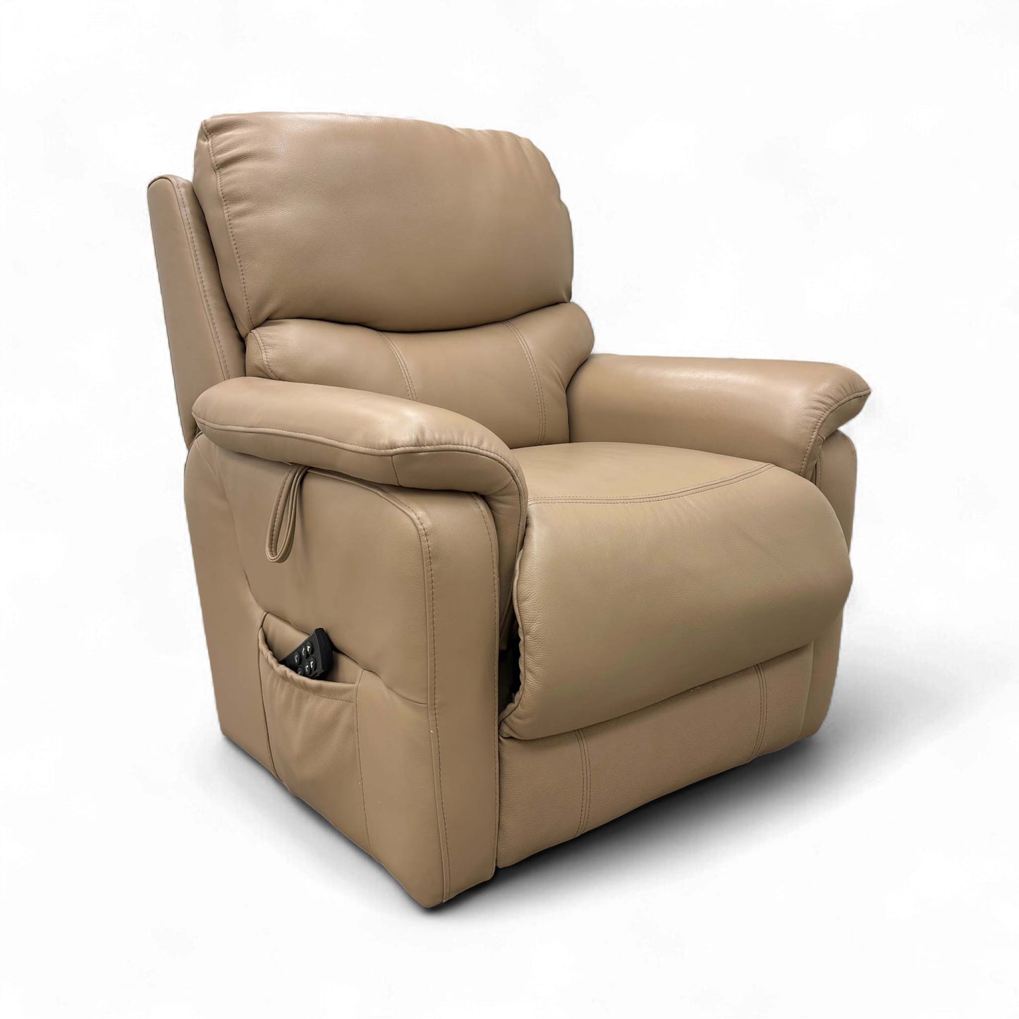 Angled view of the Taupe Leather Lift and Rise Chair in a domestic setting.