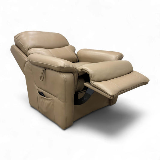 Full front view of the Fabb 'Evelyn' Lift and Rise Chair in Taupe Leather, in the standard seating position.
