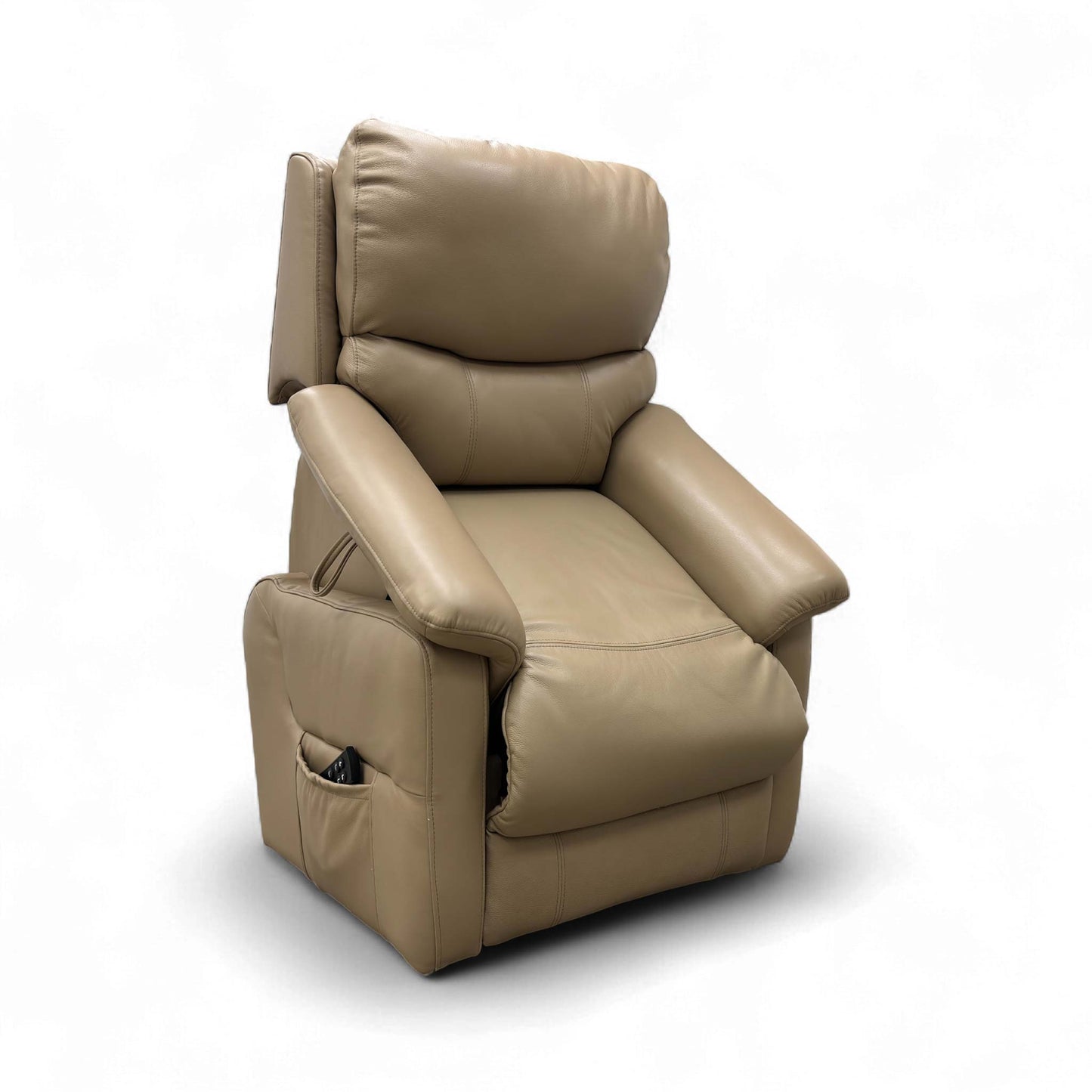 Angled view of the rear of the 'Evelyn' chair, showing the clean lines of the leather backrest.