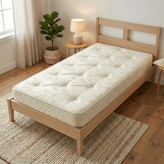 Bedroom shot of the Turin single mattress placed on a contemporary wooden bed frame in a brightly lit bedroom.
