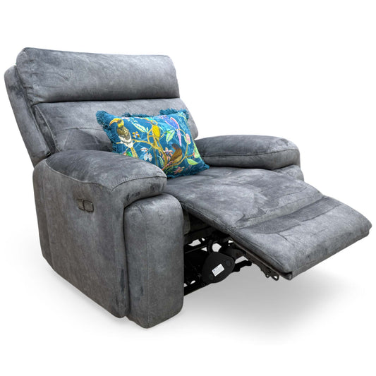 Full view of the 'Cinemax' Marble Dark Grey Velvet Power Recliner Chair in the upright position.