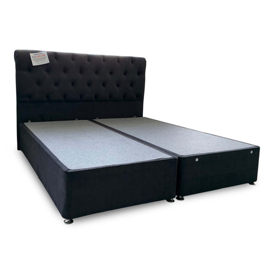 ‘Harrison’ Navy Blue Fabric 4 Draw Divan Base with Floor Standing Headboard - Super King