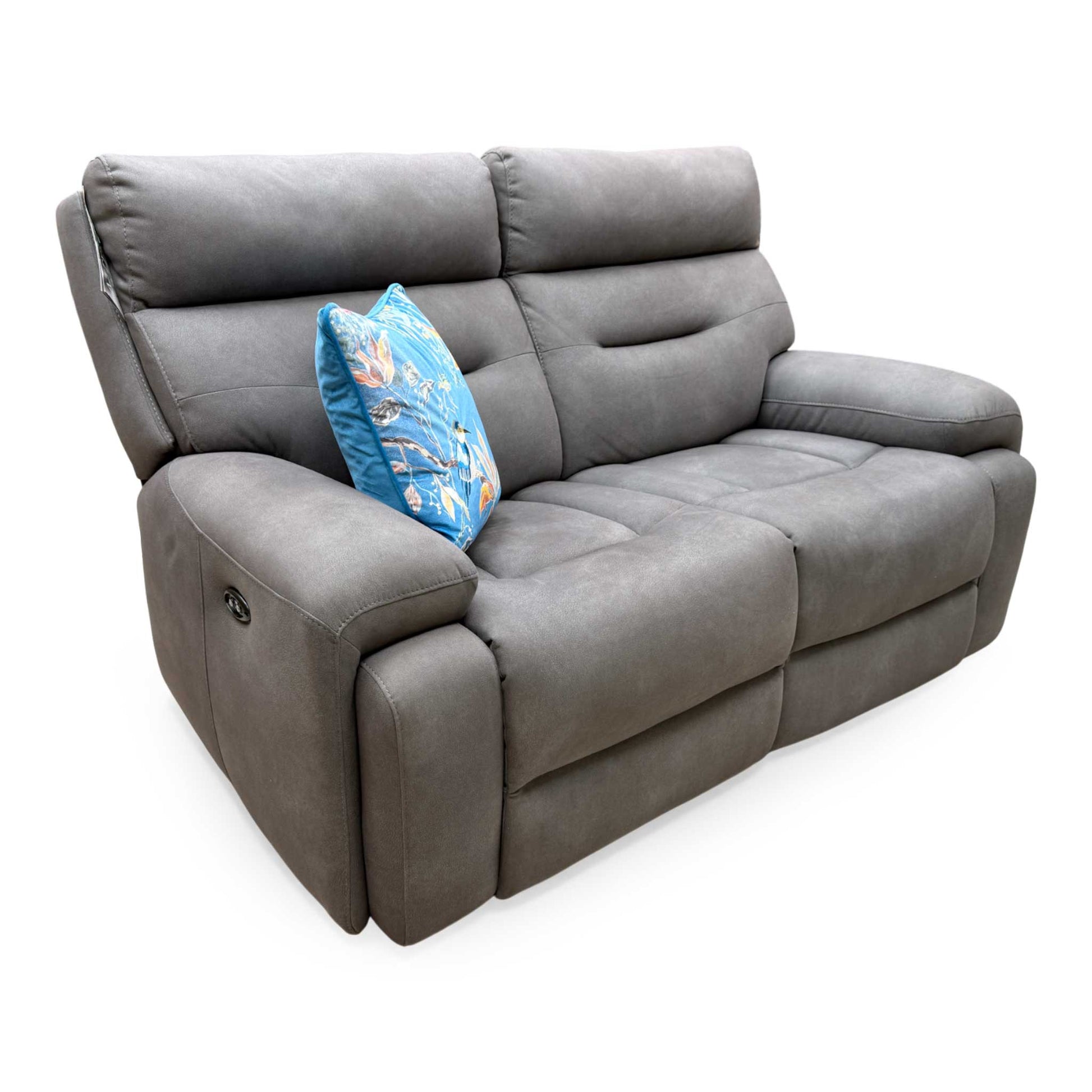 Side View of the sofa with both power recliners and power headrests fully deployed.