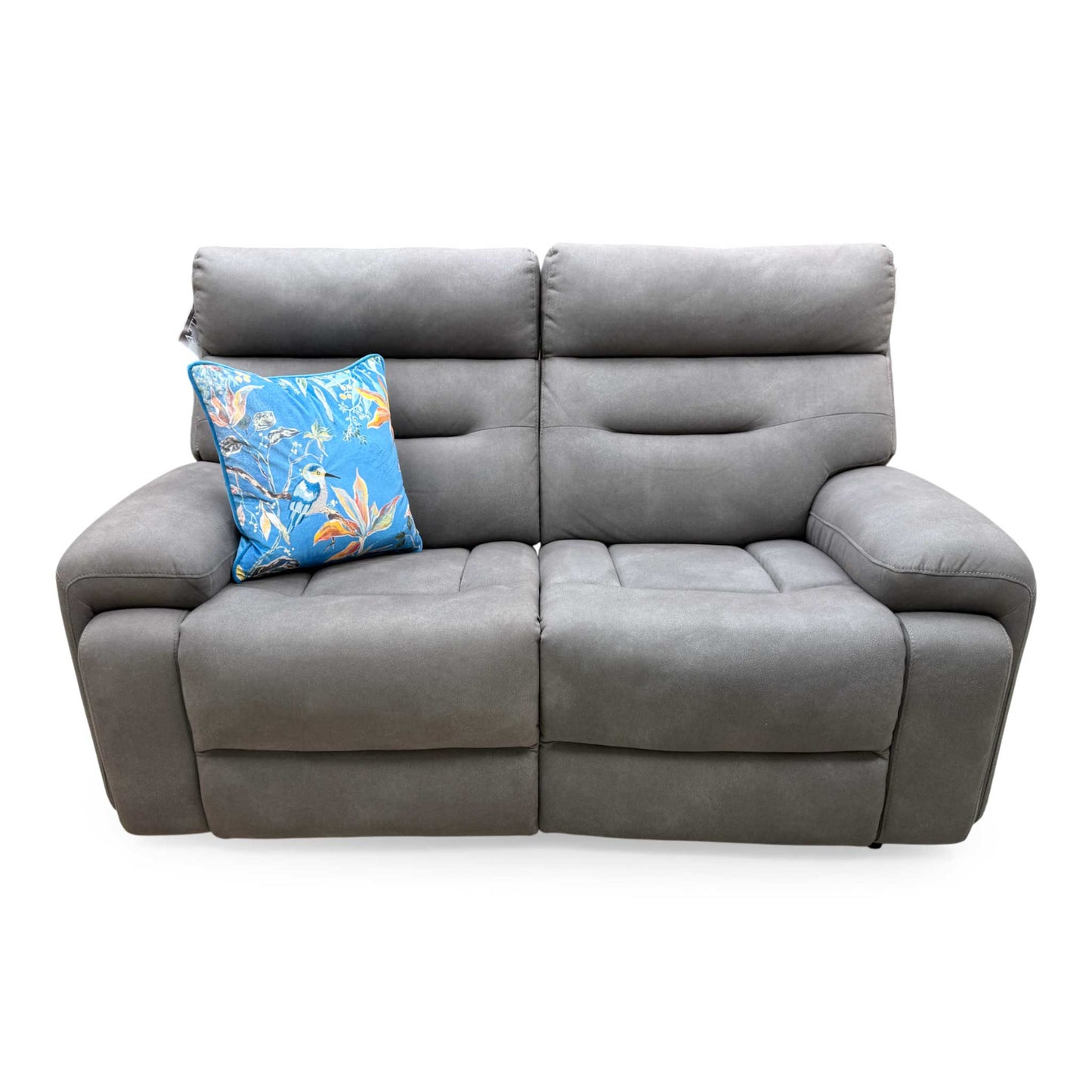Full frontal studio view of the 'Cinemax' Nappa Grey Media 2 Seater Sofa, highlighting the central control panel/armrests.