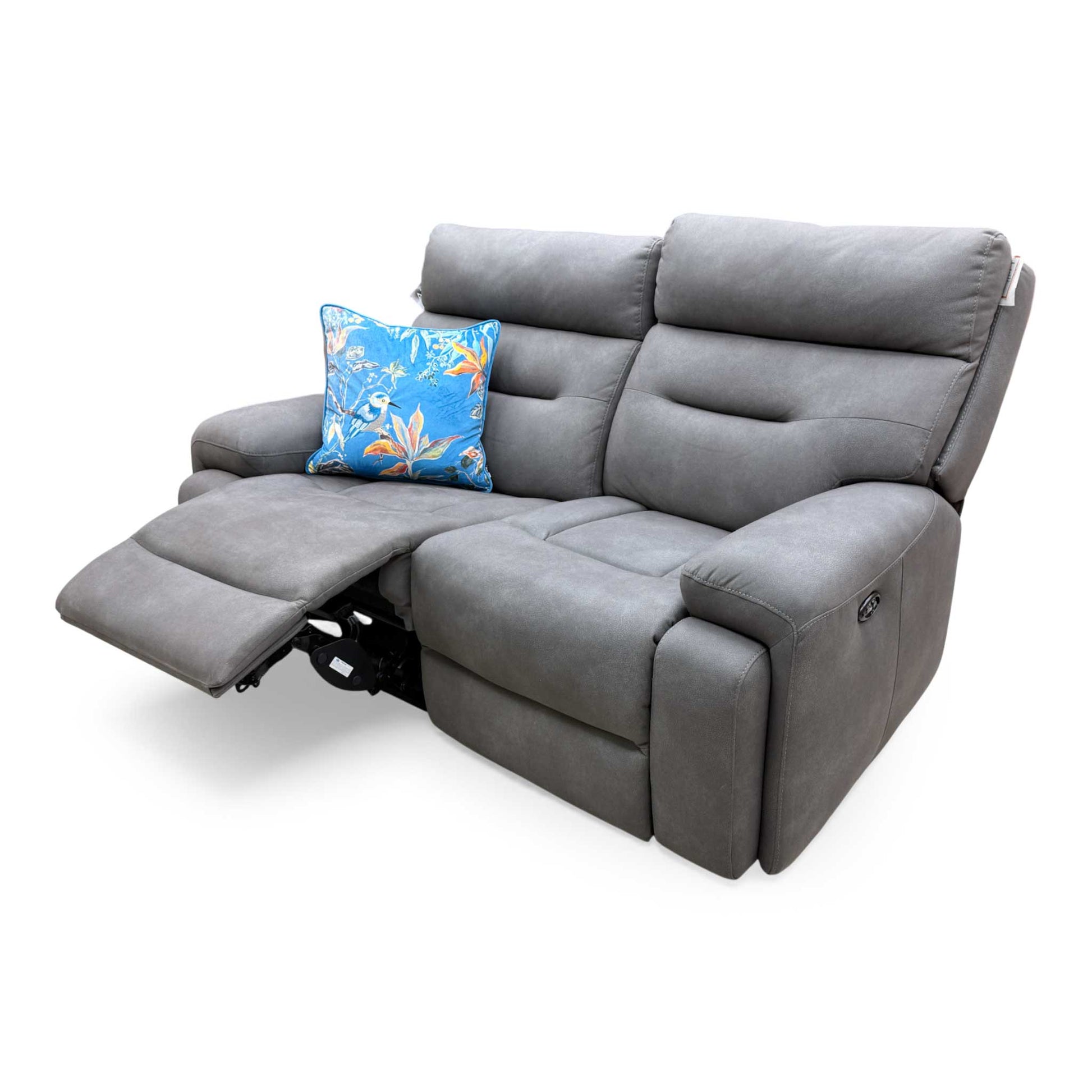 View of the sofa with both power recliners and power headrests fully deployed.