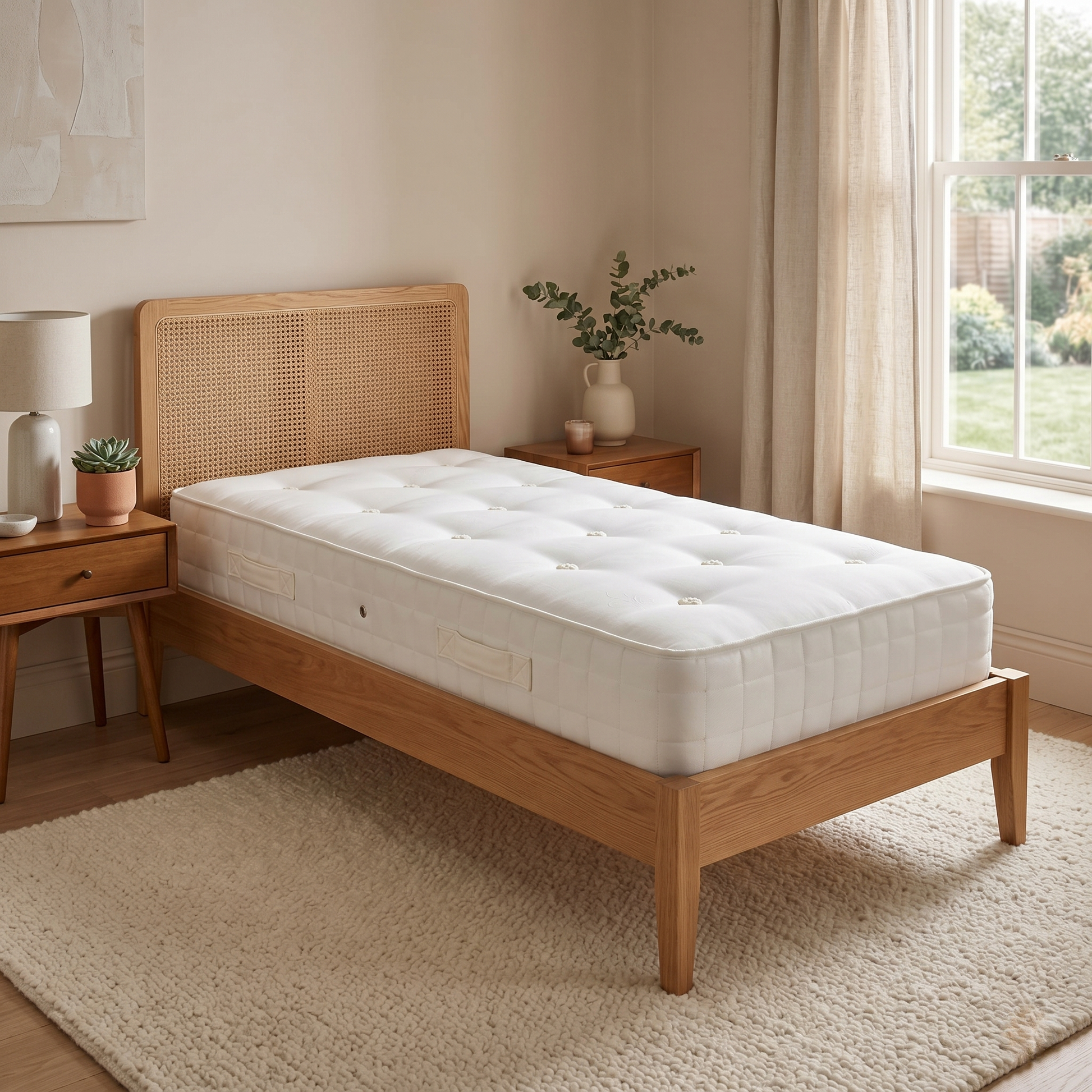 Bedroom view of the Oakley Ortho Single mattress, highlighting the breathable fabric cover and contemporary design suitable for any bedroom.