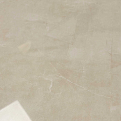 Top-down view of the table with the subtle travertine marble-inspired ceramic finish.