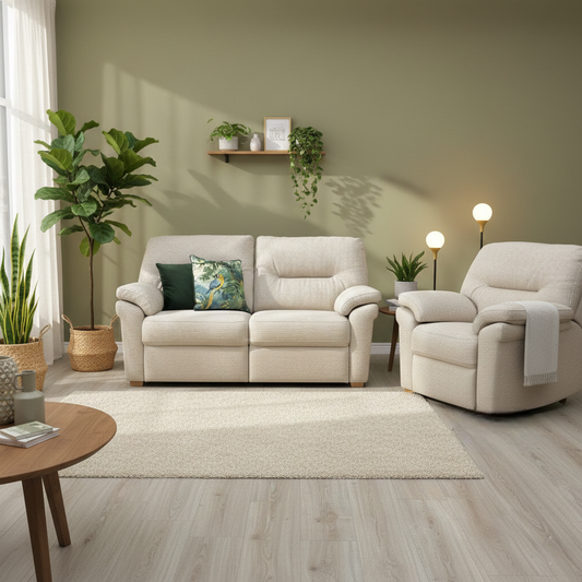 G Plan ‘Seattle’ B273 Borla Crisp Ok Cream Woven Fabric 2.5 Seater Sofa + Armchair