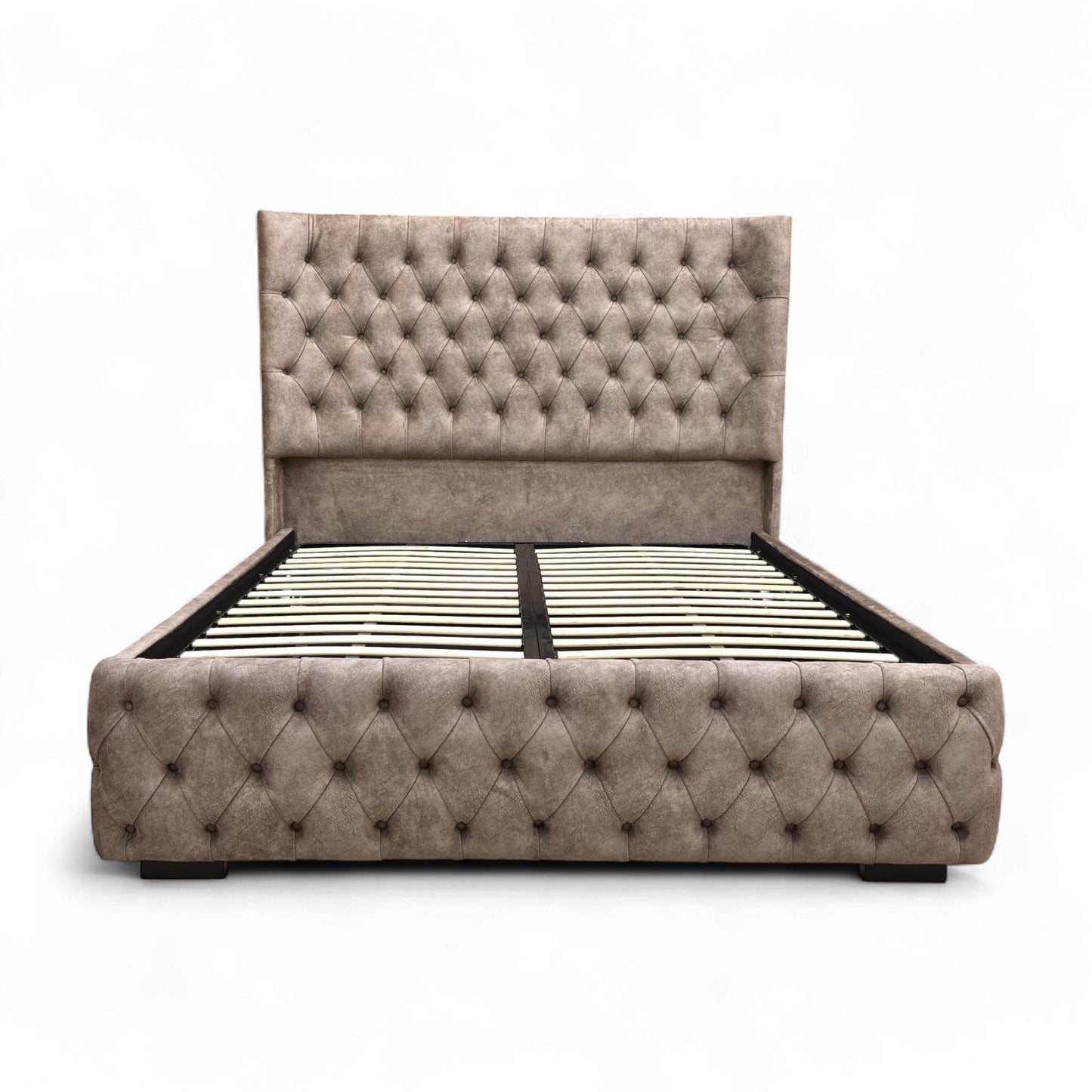 Full view of the King size bed frame with the floor-standing headboard.