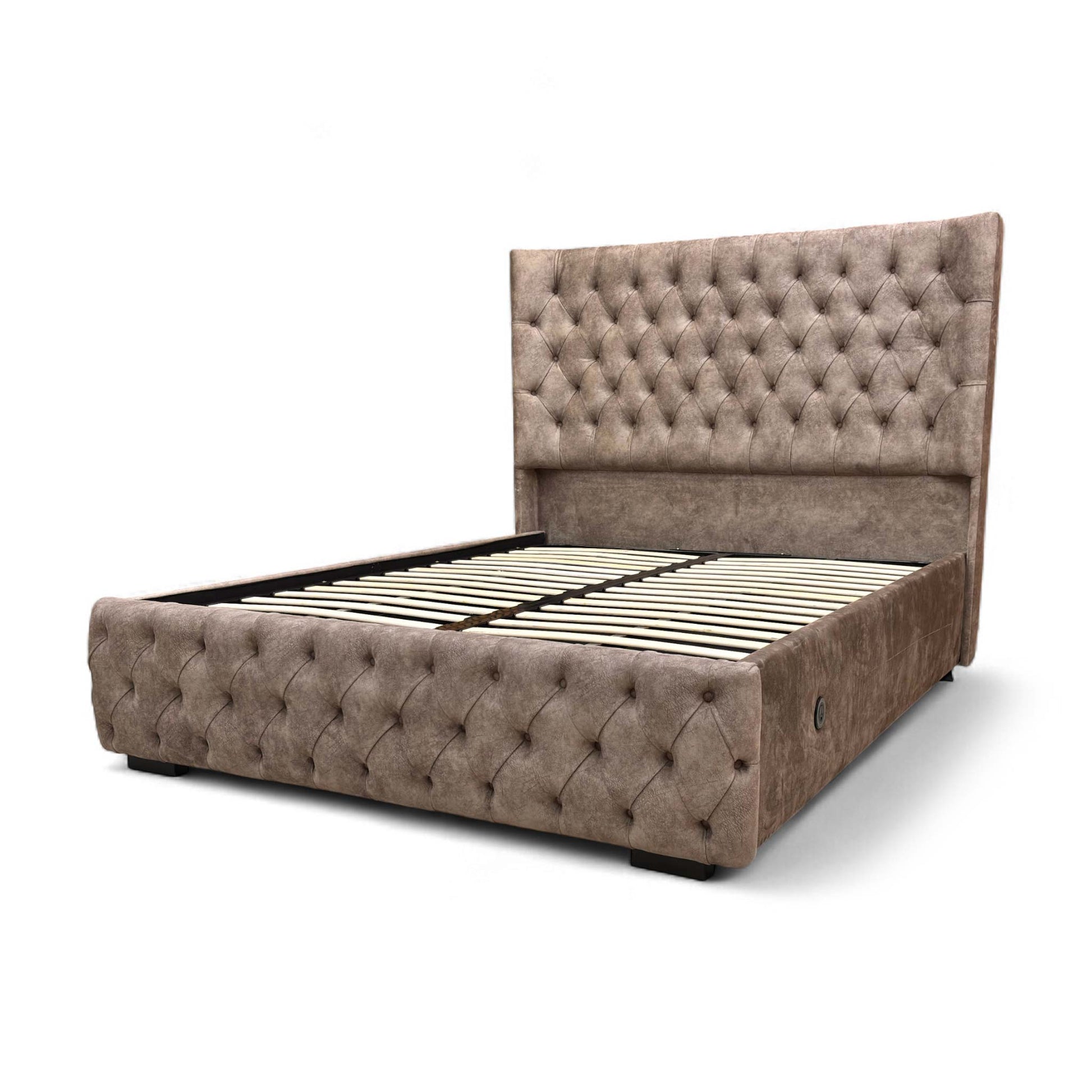 Corner view of the bed frame, showcasing the upholstery finish.