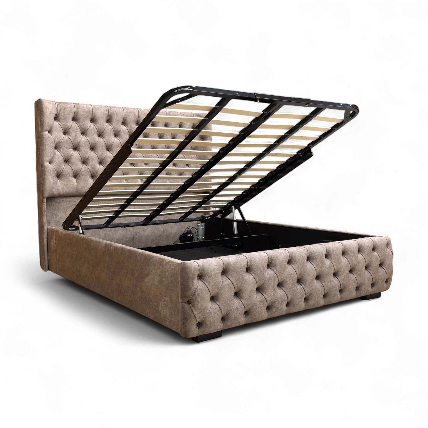 The electric ottoman storage compartment fully open.