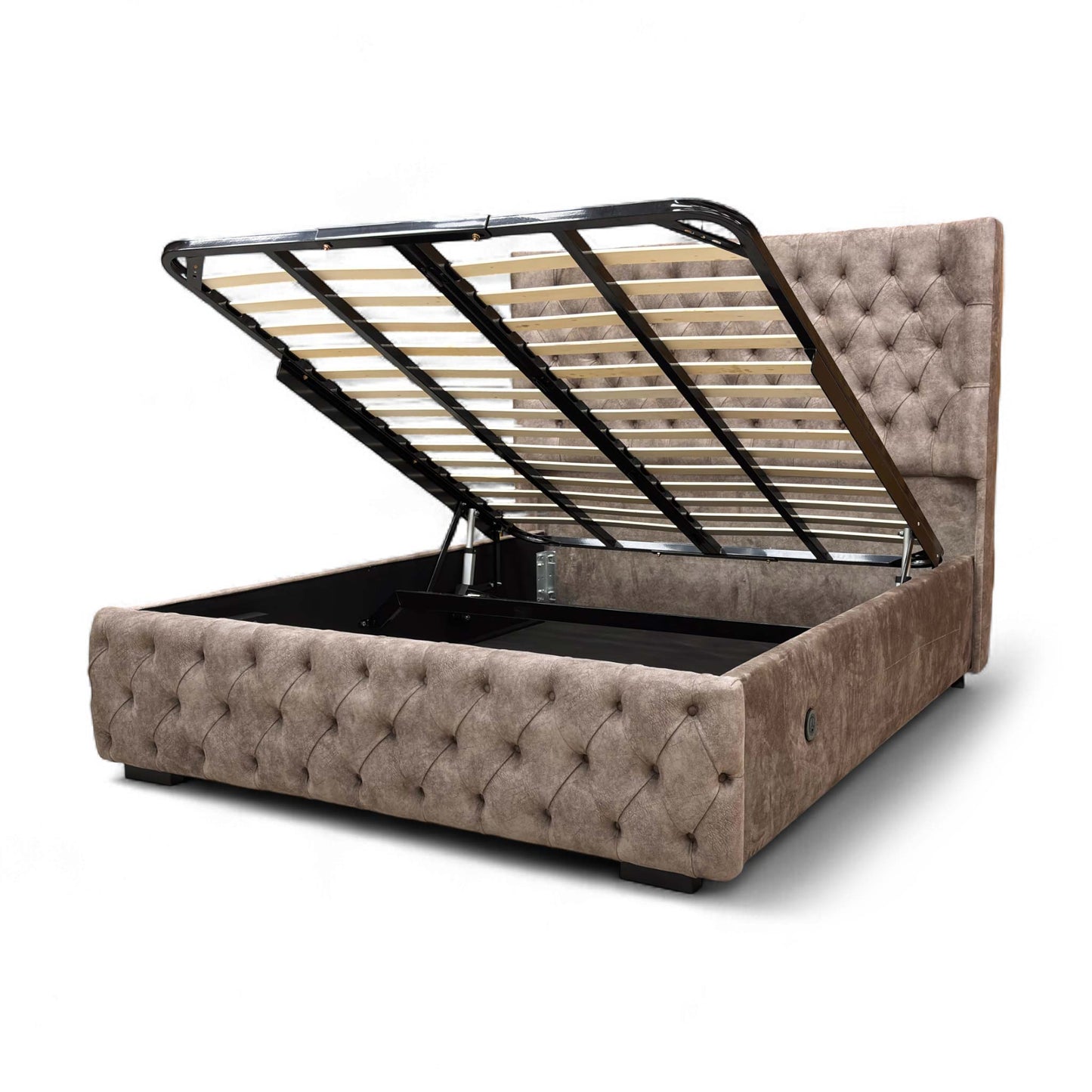 View of the bed base and side panel showing the wooden construction.