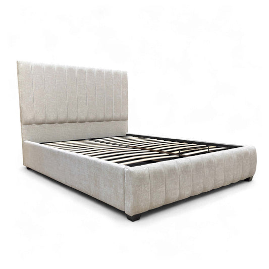 Full view of the King size 'Miranda' Ottoman Bed Frame, upholstered in light Kashmir Chalk Fabric, featuring the distinctive 133cm fluted headboard.