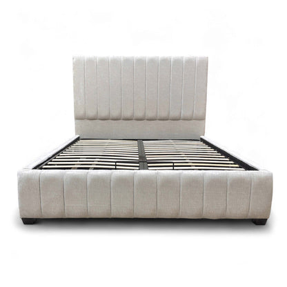 Straight-on view of the King size 'Miranda' Bed Frame, clearly showing the vertical fluting detail on the tall headboard.