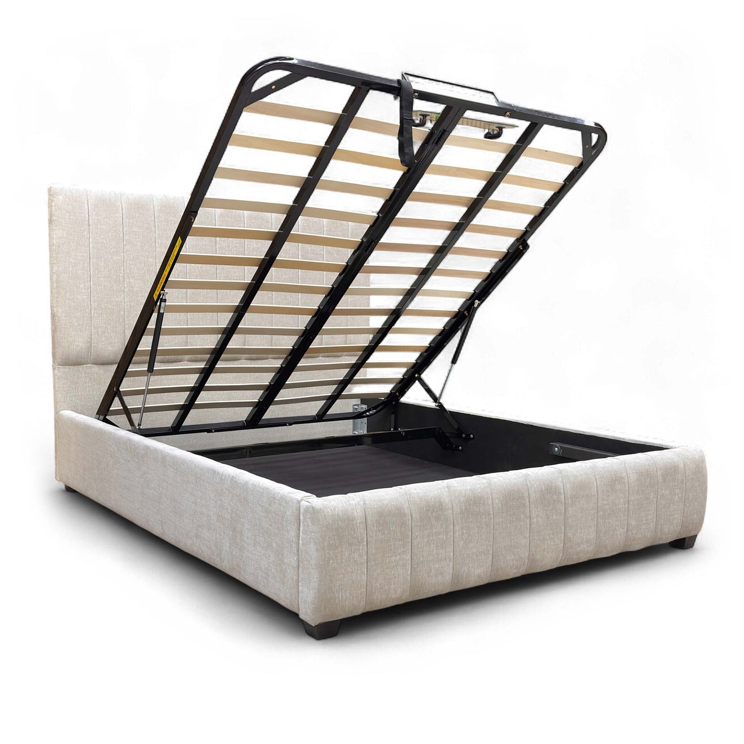 Side profile of the Miranda Ottoman Bed Frame, showing the depth of the base and the high-quality fabric upholstery.